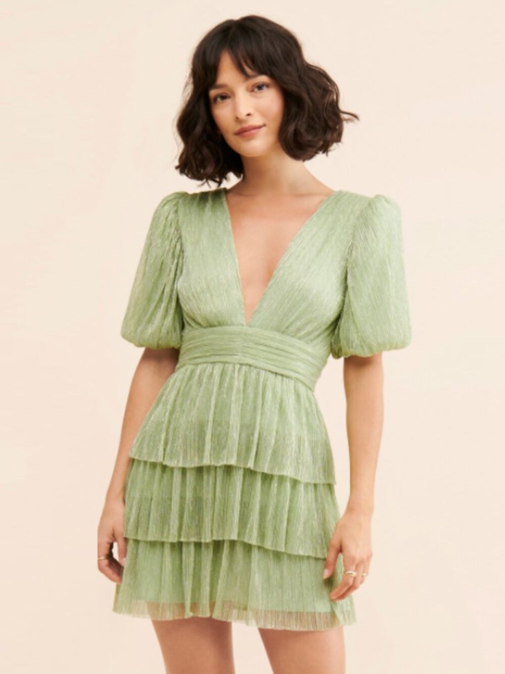 WAYF Tiered Metallic Plissé Mini Dress Sage Green Large V-Neck Party Wedding
